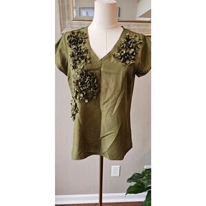 NWT‎ Talbots Silk Cap Sleeve Floral Boho Pullover Top Women Size 8 Green V-Neck